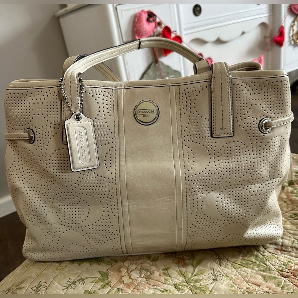 Coach F21938 Sis Perforated Cream Leather Carryall Tote